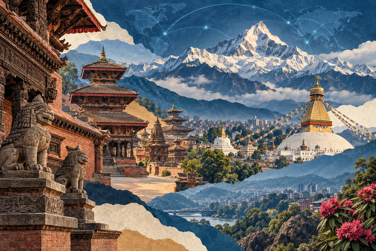 Collage ilustrado de Nepal, inspirado en Bhaktapur, Kathmandu, Annapurna.