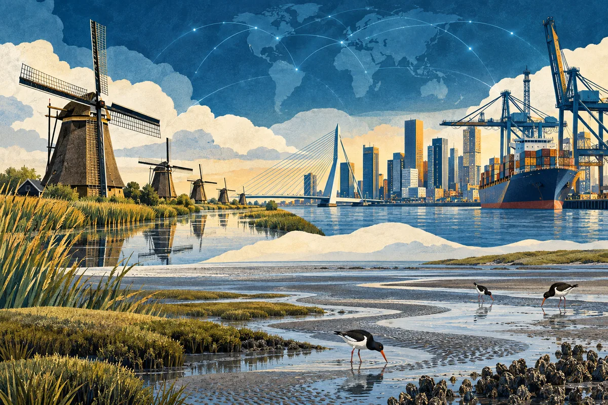 Collage ilustrado de Países Bajos, inspirado en Kinderdijk, Port of Rotterdam, Wadden Sea.