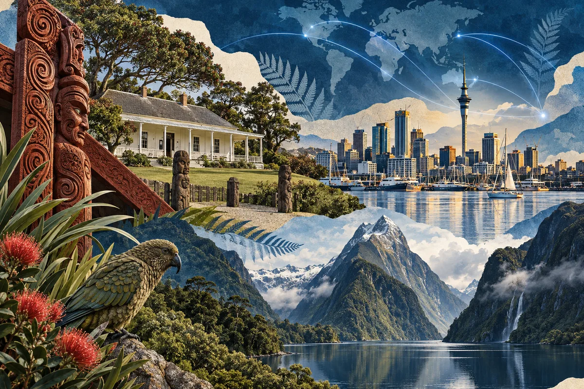 Collage ilustrado de Nueva Zelanda, inspirado en Waitangi Treaty Grounds, Auckland, Fiordland National Park.