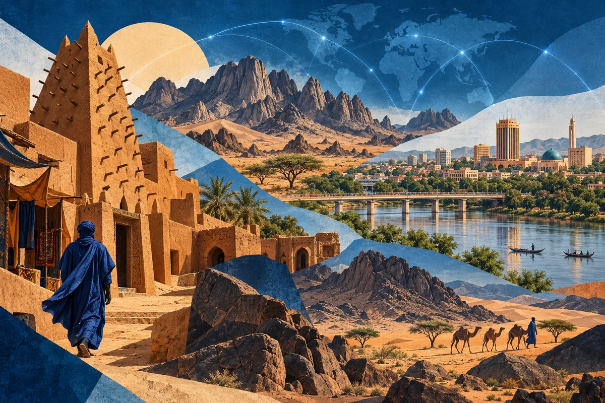 Collage ilustrado de Níger, inspirado en Agadez, Niamey, Aïr Mountains.