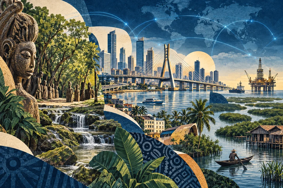 Collage ilustrado de Nigeria, inspirado en Osun-Osogbo, Lagos, Niger Delta.
