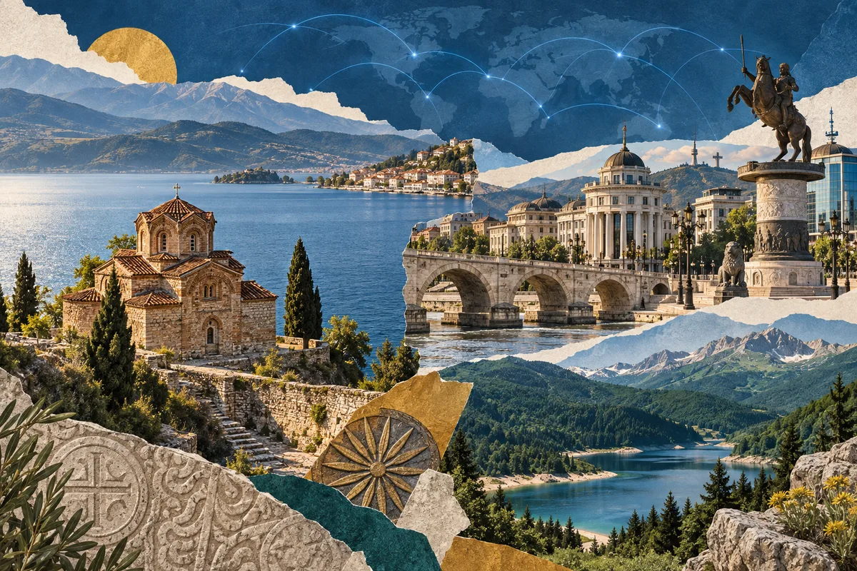 Collage ilustrado de Macedonia del Norte, inspirado en Ohrid, Skopje, Mavrovo National Park.