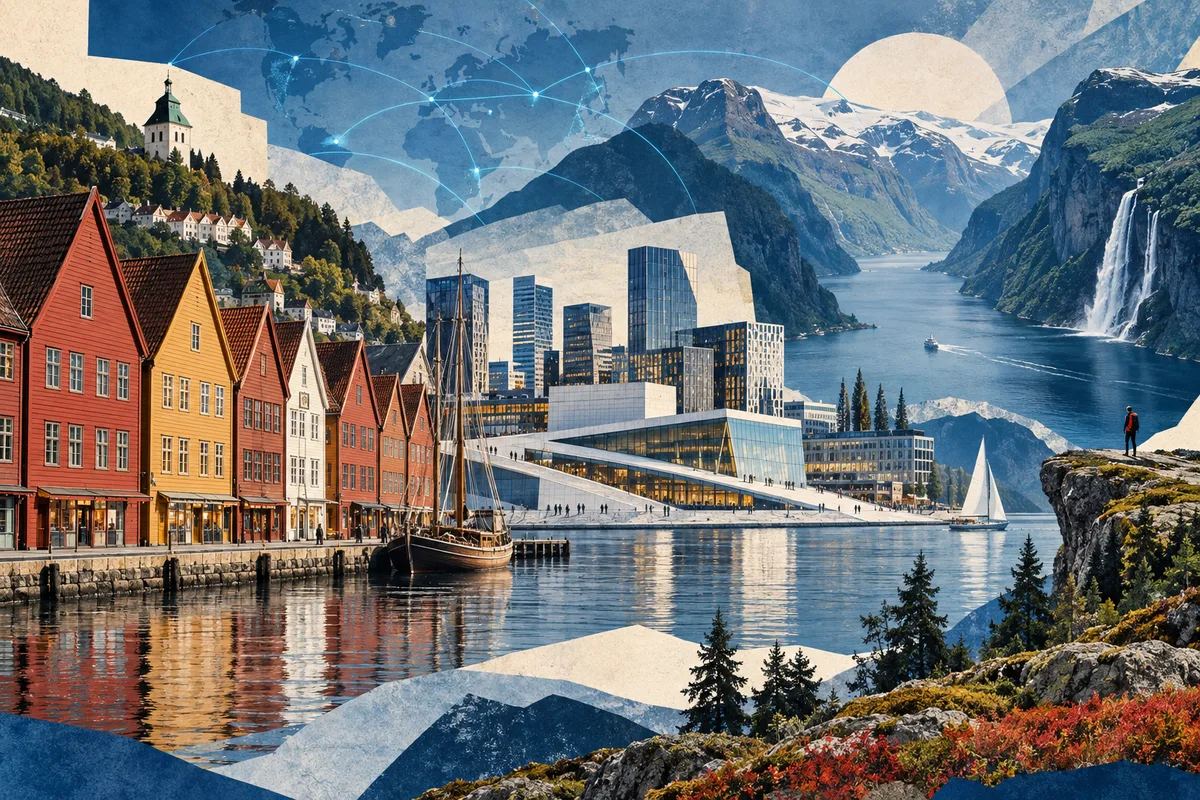 Collage ilustrado de Noruega, inspirado en Bryggen, Oslo, Geirangerfjord.