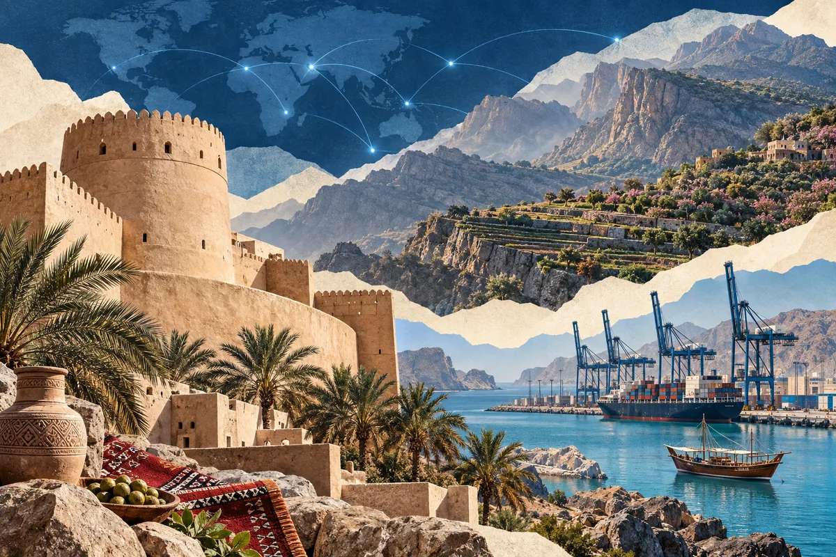 Collage ilustrado de Omán, inspirado en Nizwa Fort, Port of Salalah, Jebel Akhdar (Oman).