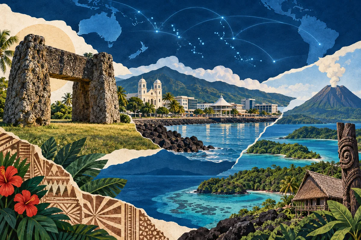 Collage ilustrado de Islas del Pacífico, inspirado en Haʻamonga ʻa Maui, Apia, Vanuatu.