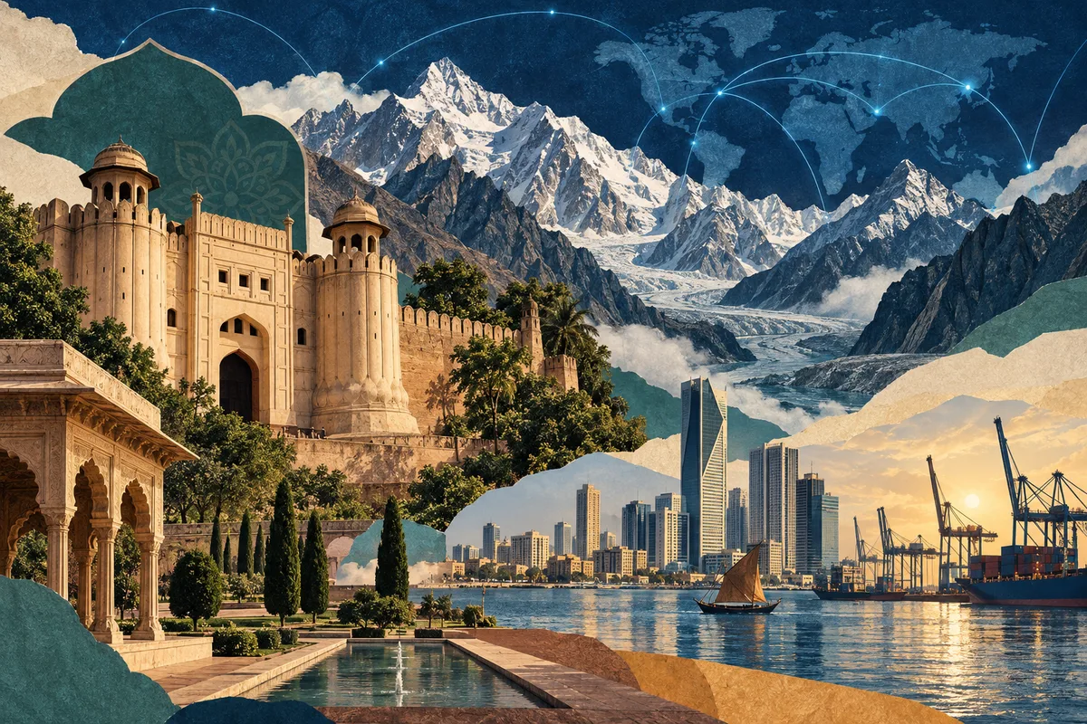 Collage ilustrado de Pakistán, inspirado en Lahore Fort, Karachi, Karakoram.