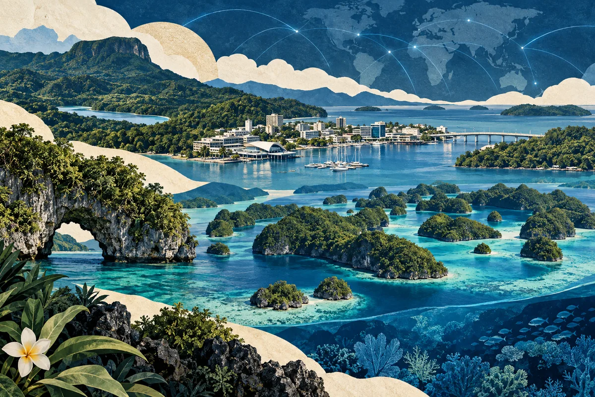 पलाऊ का सचित्र कोलाज, Babeldaob, Koror, Rock Islands से प्रेरित।