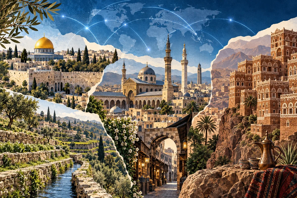 Collage ilustrado de Palestina, Siria y Yemen, inspirado en Old City of Sana'a, Damascus, Battir.