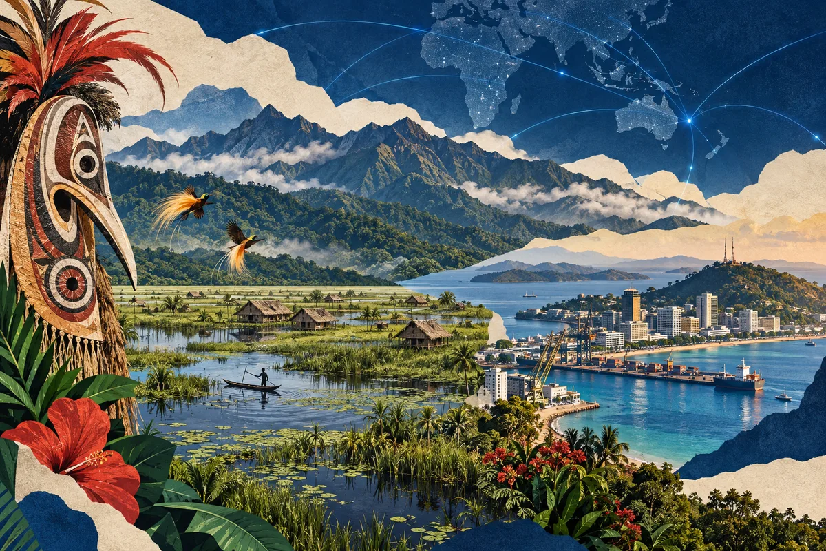 Collage ilustrado de Papúa Nueva Guinea, inspirado en Kuk Swamp, Port Moresby, Owen Stanley Range.