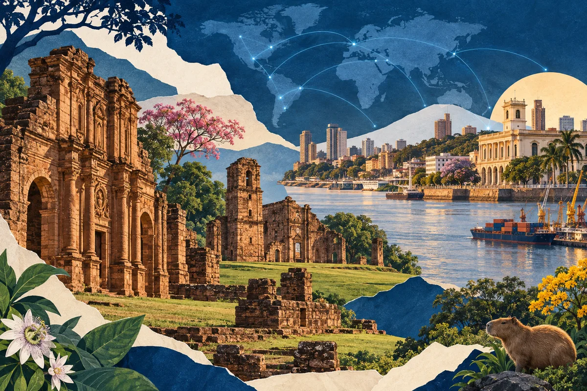 Collage ilustrado de Paraguay, inspirado en Jesuit Missions of La Santísima Trinidad de Paraná and Jesús de Tavarangue, Asunción, Paraguay River.