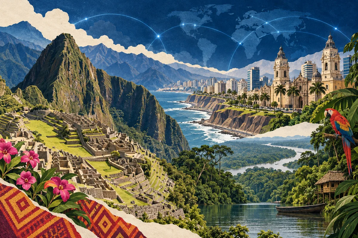 Collage ilustrado de Perú, inspirado en Machu Picchu, Lima, Peruvian Amazonia.