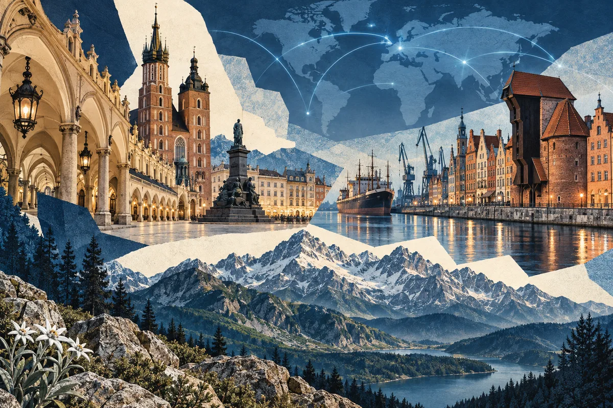 Collage ilustrado de Polonia, inspirado en Kraków, Gdańsk, Tatra Mountains.