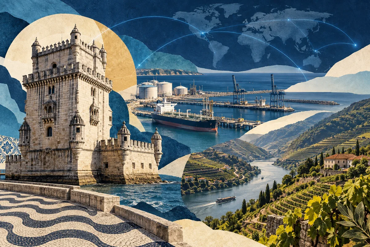 Collage ilustrado de Portugal, inspirado en Belém Tower, Port of Sines, Douro.