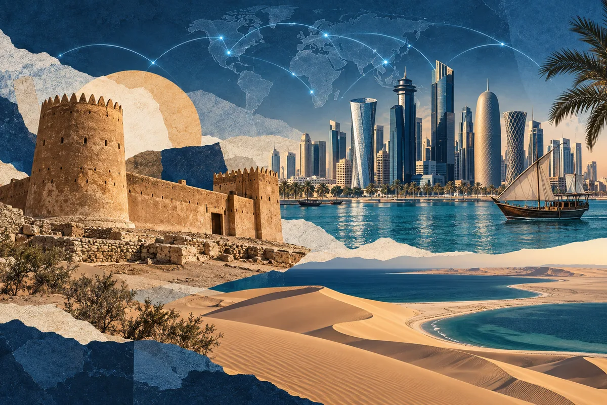 Collage ilustrado de Catar, inspirado en Zubarah, Doha, Khor Al Adaid.