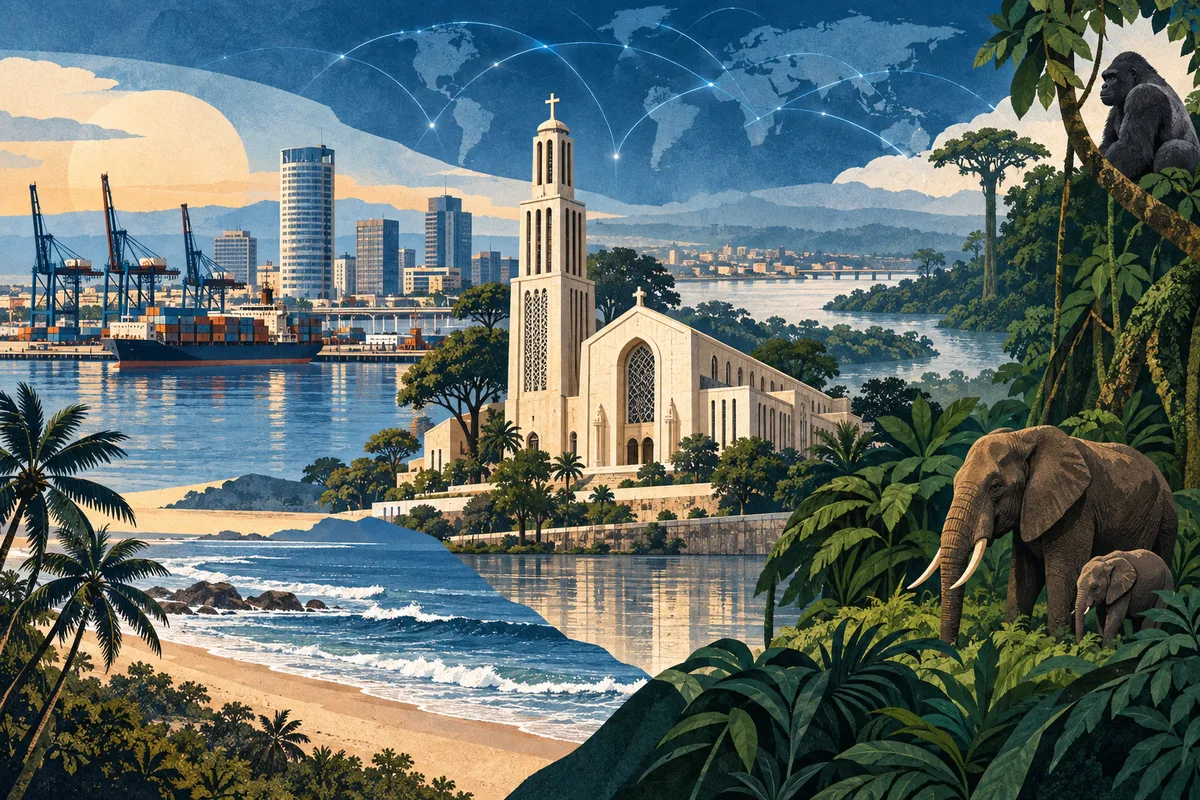 Collage ilustrado de Congo, inspirado en Basilica of Sainte-Anne-du-Congo in Brazzaville, Pointe-Noire, Odzala-Kokoua National Park.