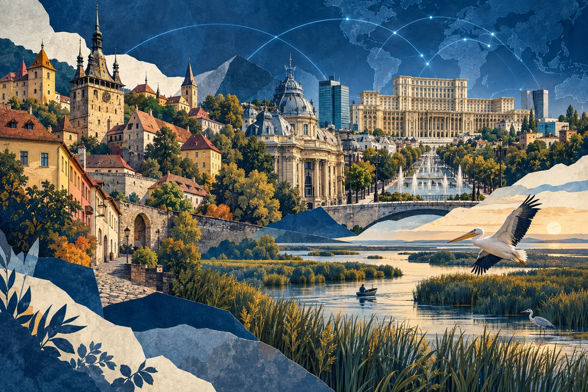 Collage ilustrado de Rumanía, inspirado en Sighișoara, Bucharest, Danube Delta.