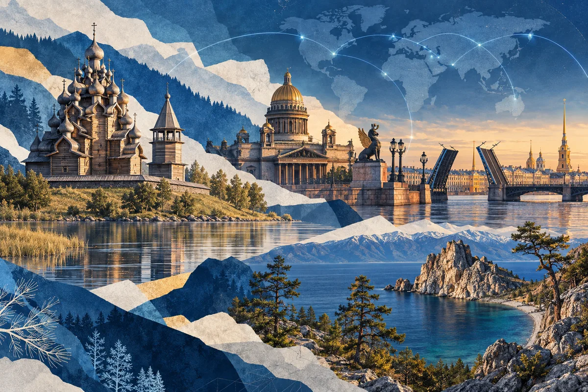 Collage ilustrado de Rusia, inspirado en Kizhi Pogost, Saint Petersburg, Lake Baikal.