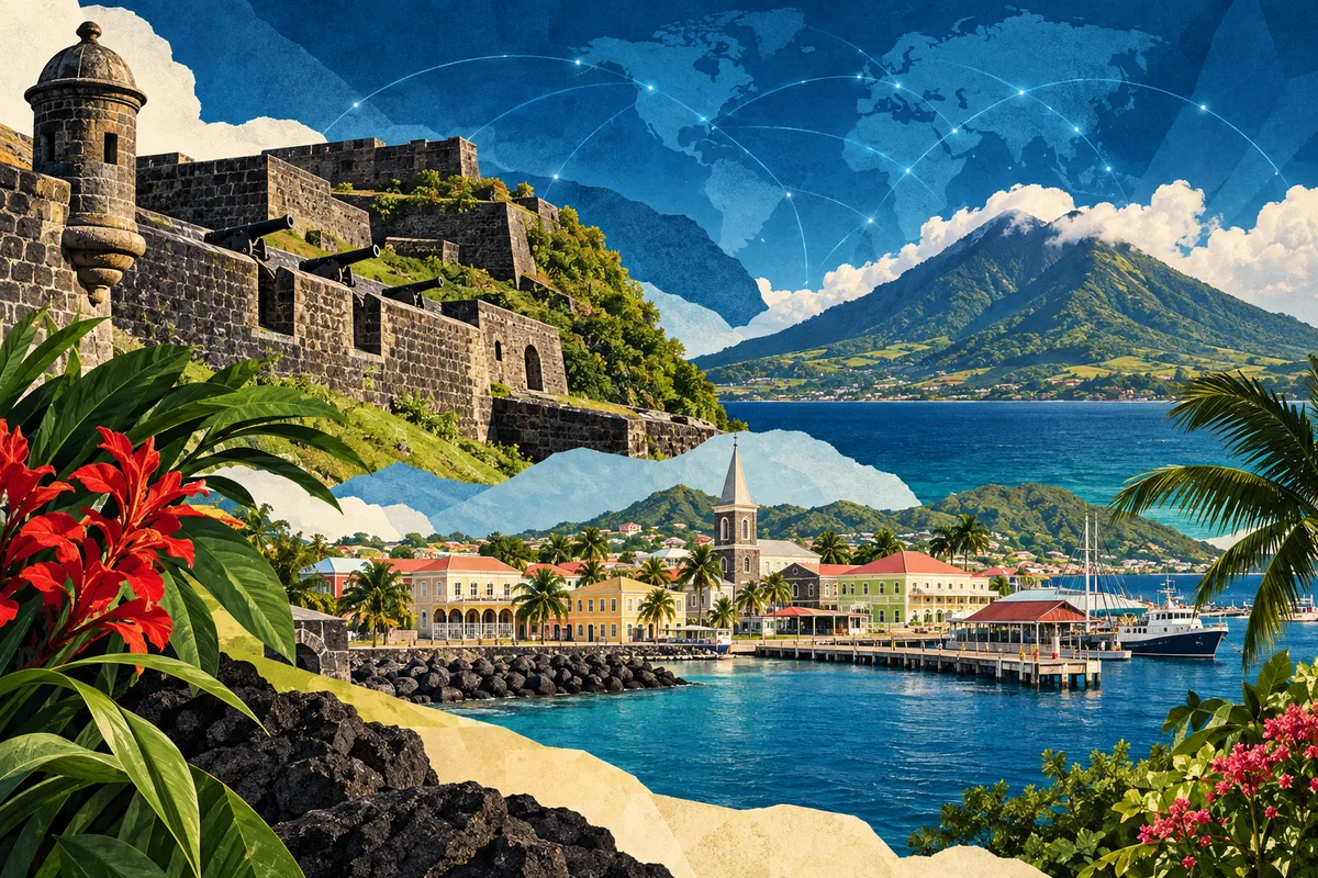 सेंट किट्स और नेविस का सचित्र कोलाज, Brimstone Hill Fortress National Park, Basseterre, Nevis Peak से प्रेरित।