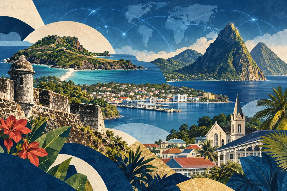 सेंट लूसिया का सचित्र कोलाज, Pigeon Island (Saint Lucia), Castries, Pitons (Saint Lucia) से प्रेरित।