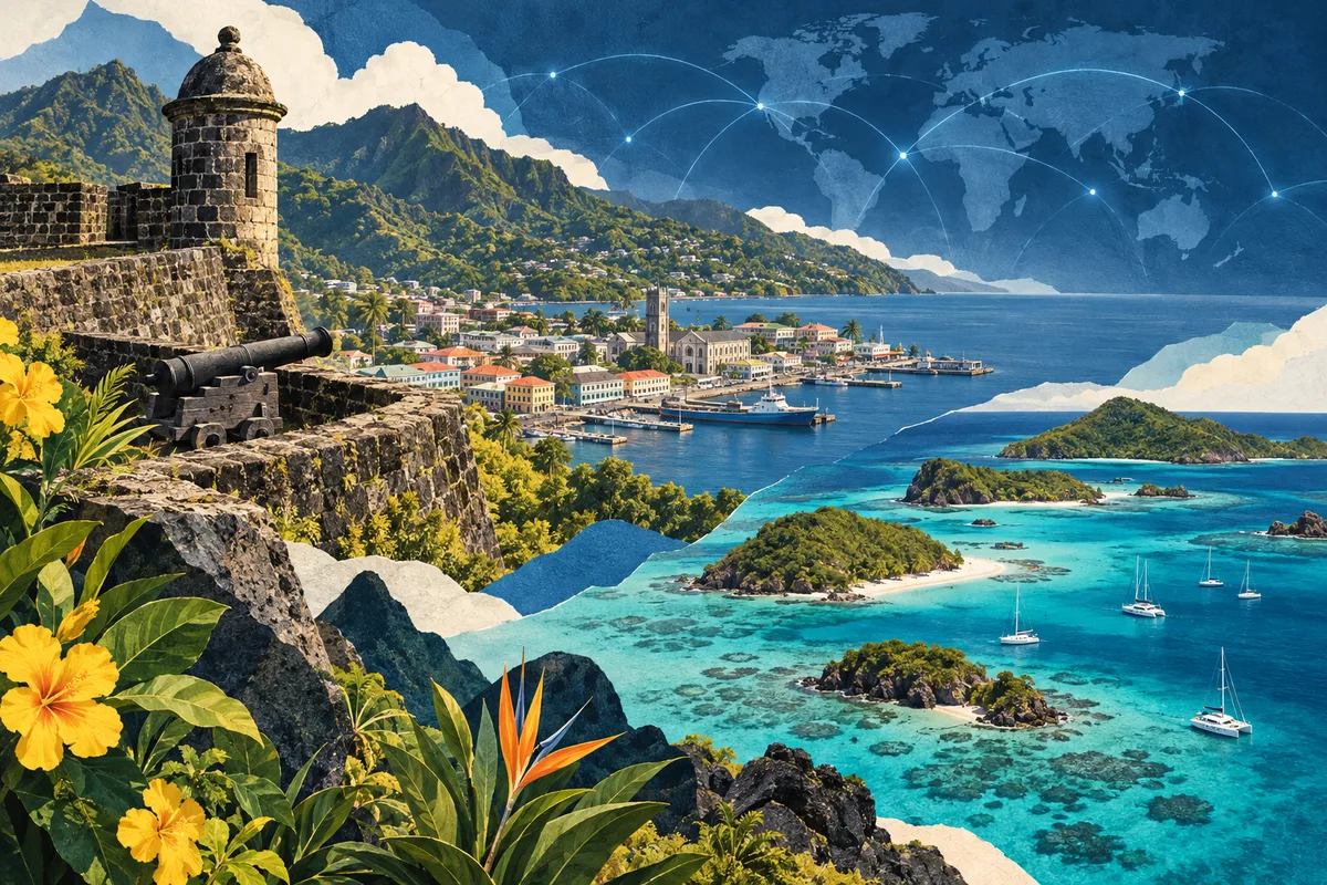 सेंट विंसेंट और ग्रेनाडाइंस का सचित्र कोलाज, Fort Charlotte, Saint Vincent, Kingstown, Tobago Cays से प्रेरित।