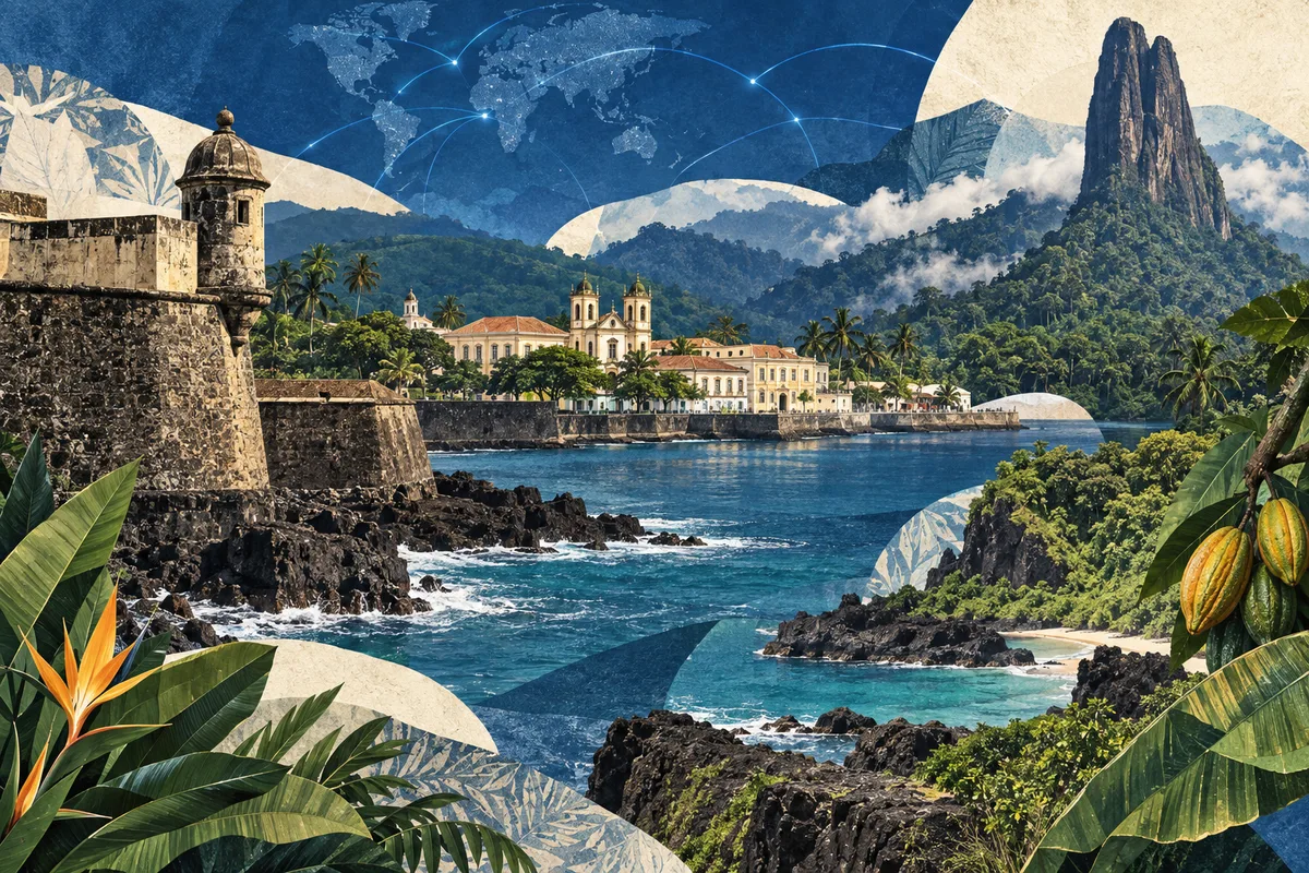 साओ टोम और प्रिंसिपे का सचित्र कोलाज, Fort of São Sebastião, São Tomé, Pico Cão Grande से प्रेरित।