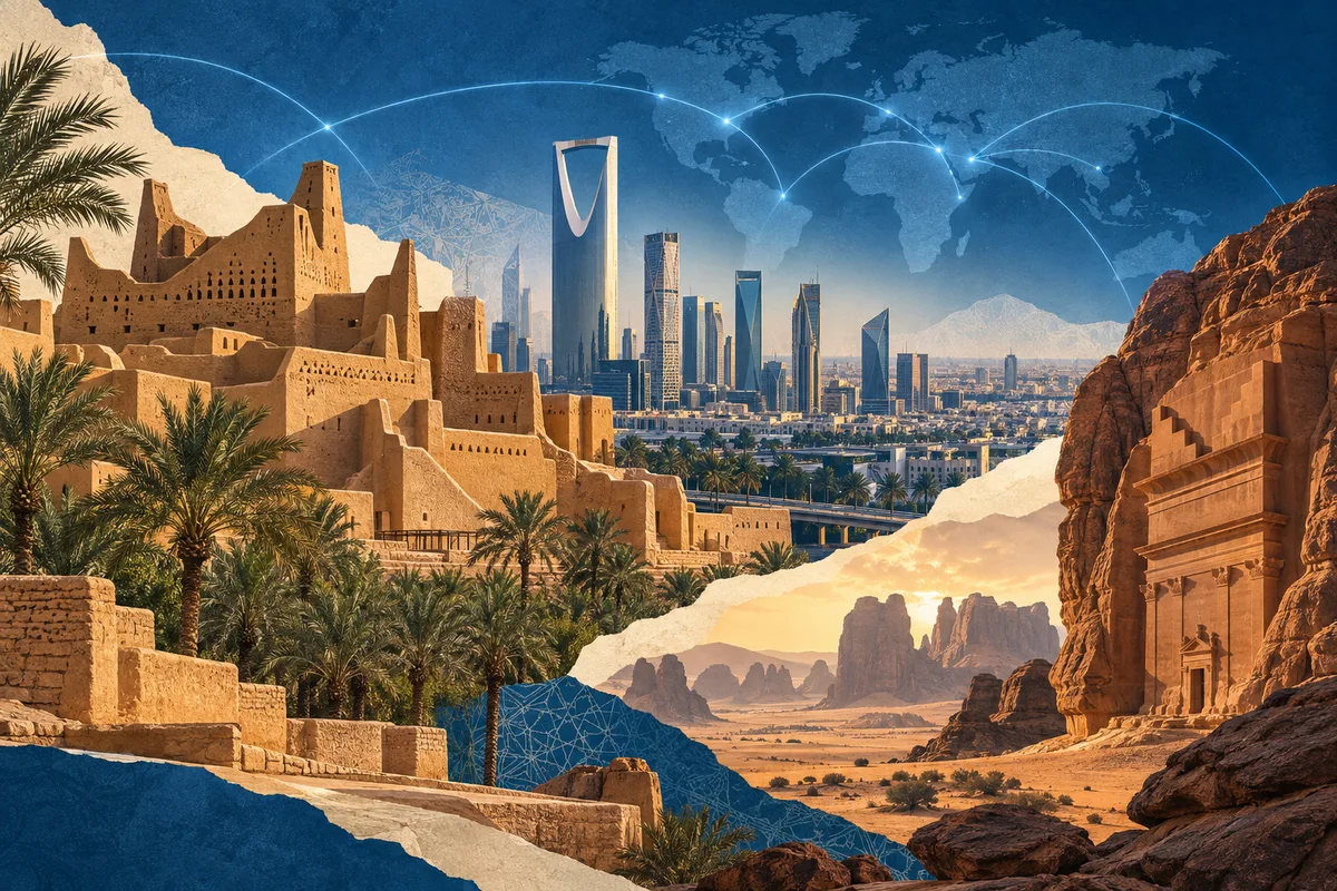Collage ilustrado de Arabia Saudí, inspirado en Diriyah, Riyadh, Al-'Ula.