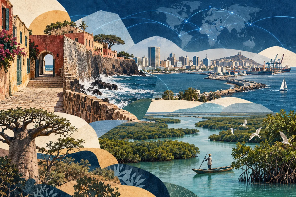 Collage ilustrado de Senegal, inspirado en Gorée, Dakar, Sine-Saloum.