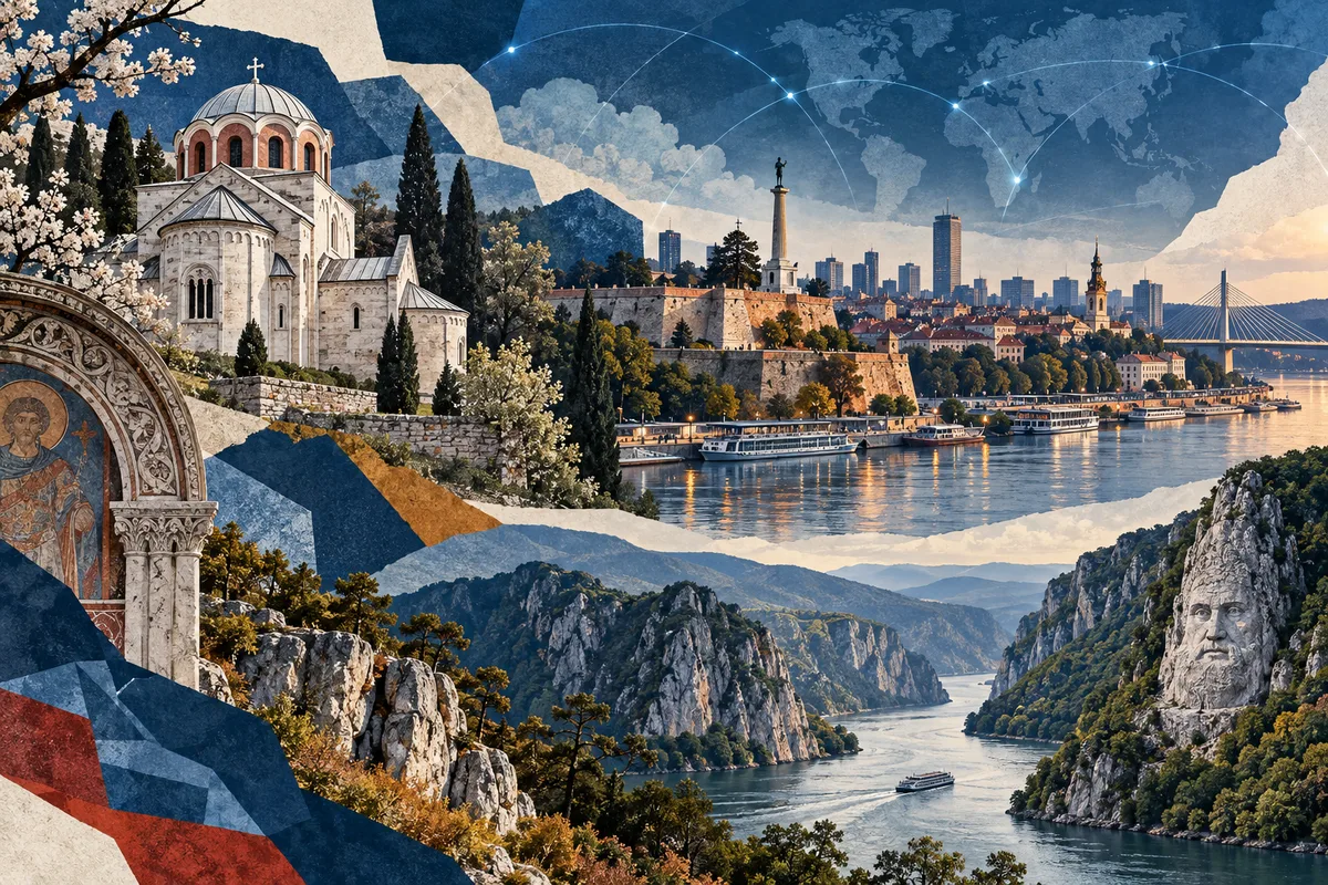 Collage ilustrado de Serbia, inspirado en Studenica Monastery, Belgrade, Đerdap National Park.