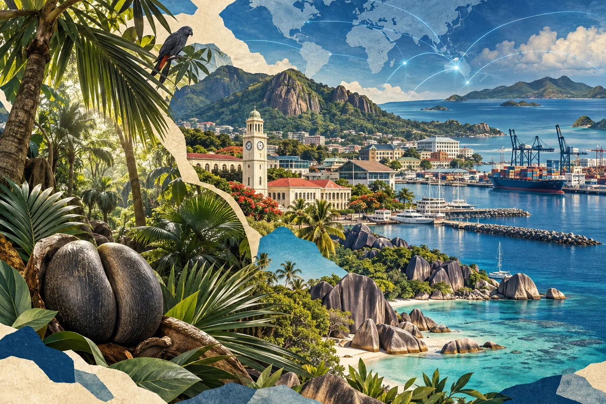 Collage ilustrado de Seychelles, inspirado en Victoria, Seychelles, Port Victoria, Vallée de Mai.