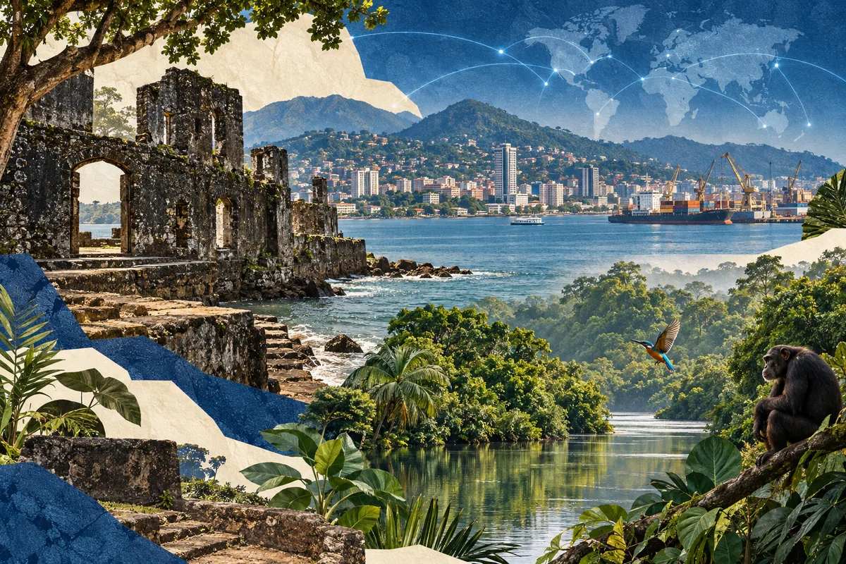 Collage ilustrado de Sierra Leona, inspirado en Bunce Island, Freetown, Tiwai Island.