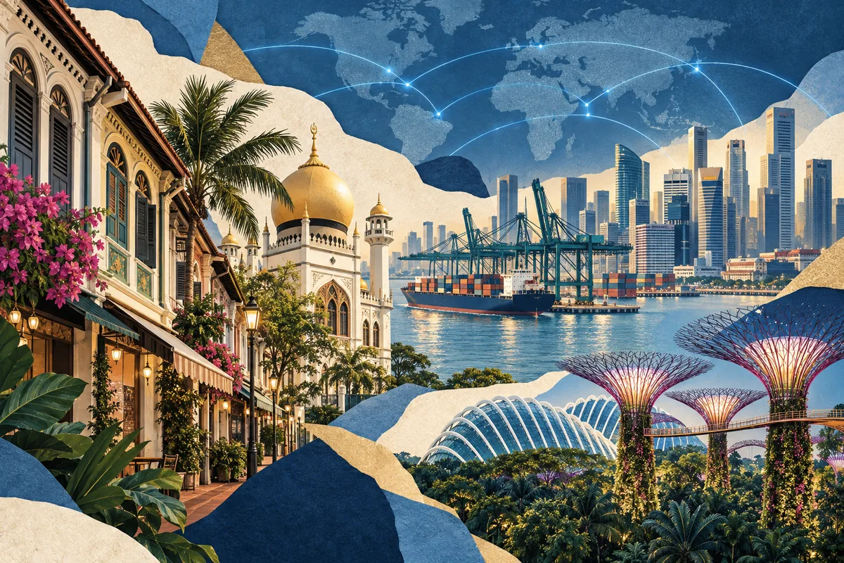 Collage ilustrado de Singapur, inspirado en Kampong Glam, Port of Singapore, Gardens by the Bay.