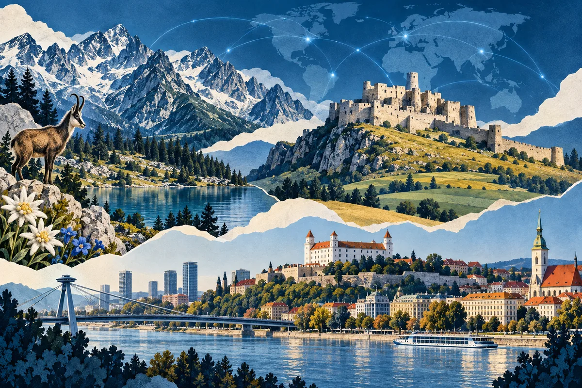 Collage ilustrado de Eslovaquia, inspirado en Spiš Castle, Bratislava, High Tatras.