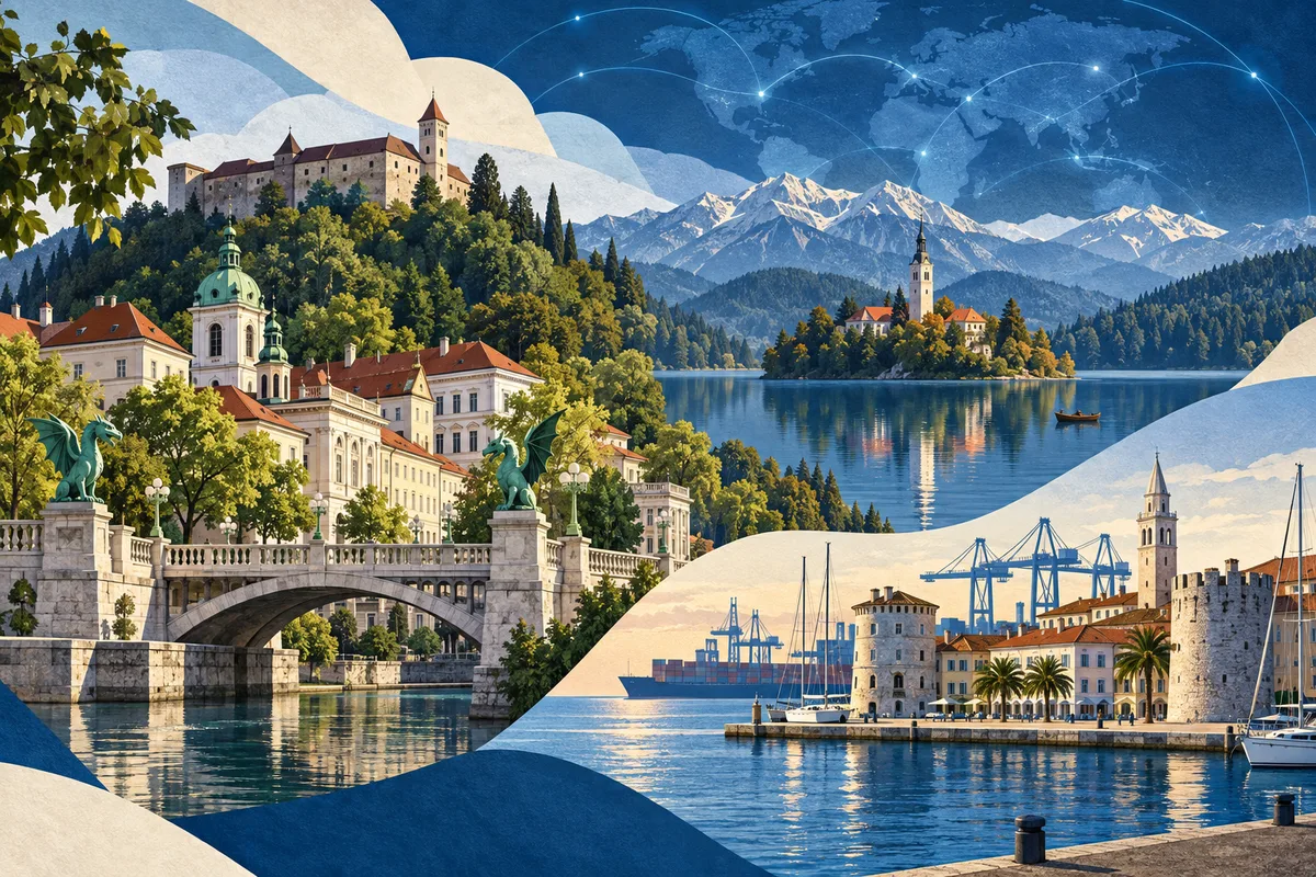 Collage ilustrado de Eslovenia, inspirado en Ljubljana, Koper, Lake Bled.