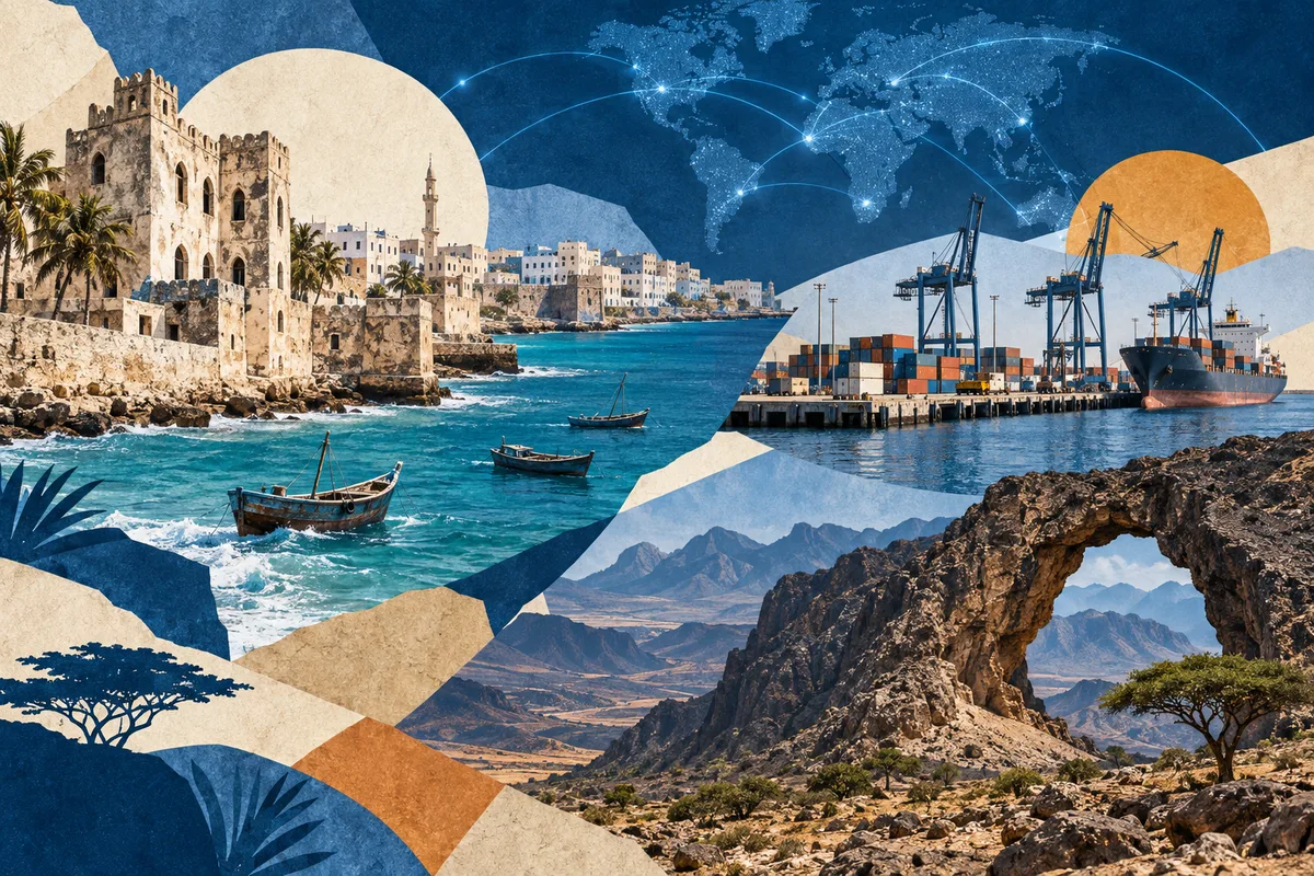 Collage ilustrado de Somalia, inspirado en Mogadishu, Berbera, Cal Madow.