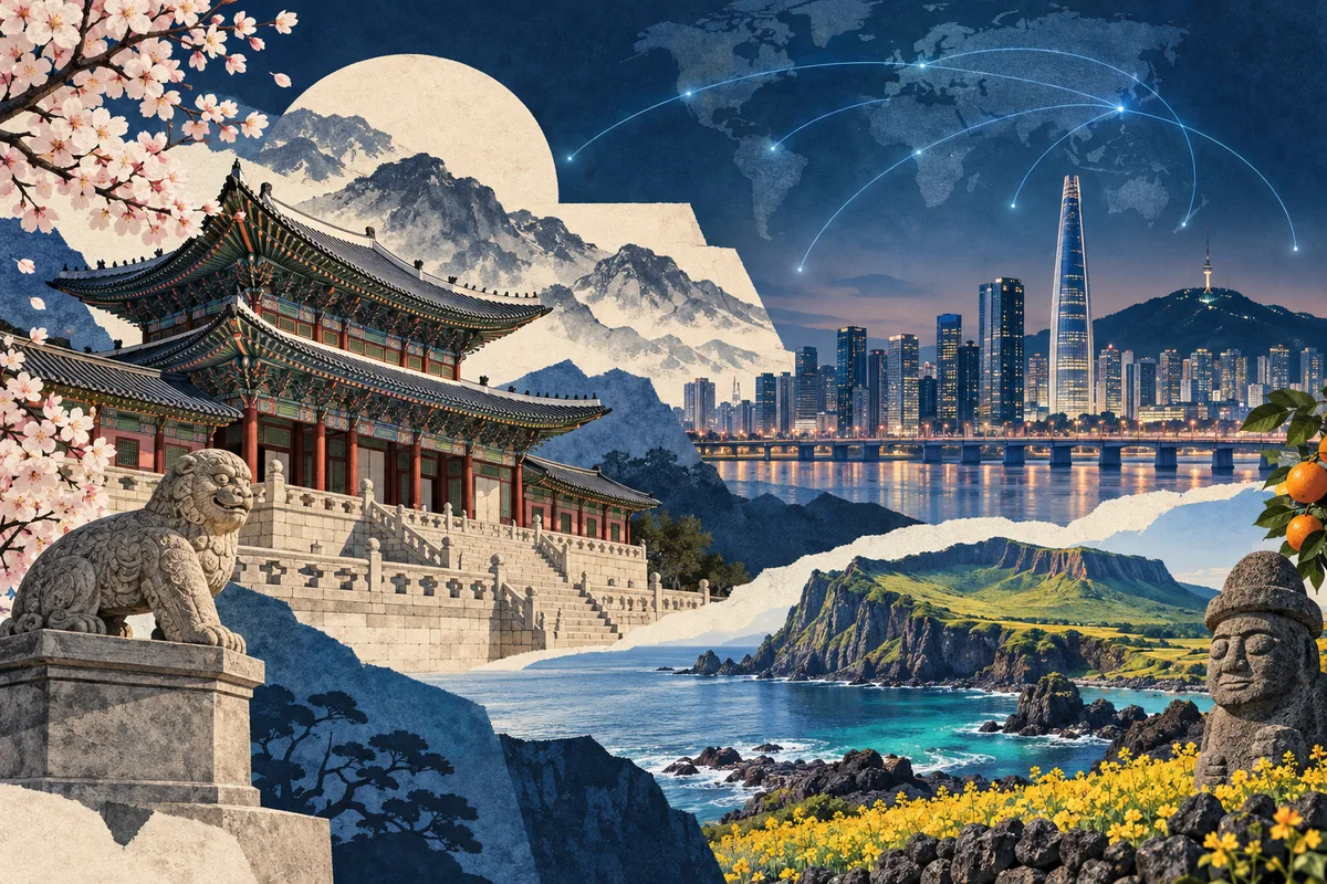 Collage ilustrado de Corea del Sur, inspirado en Gyeongbokgung, Seoul, Jeju Island.