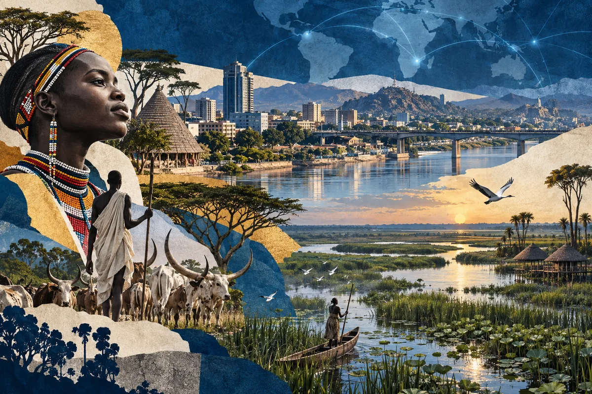 Collage ilustrado de Sudán del Sur, inspirado en Juba, White Nile, Sudd.
