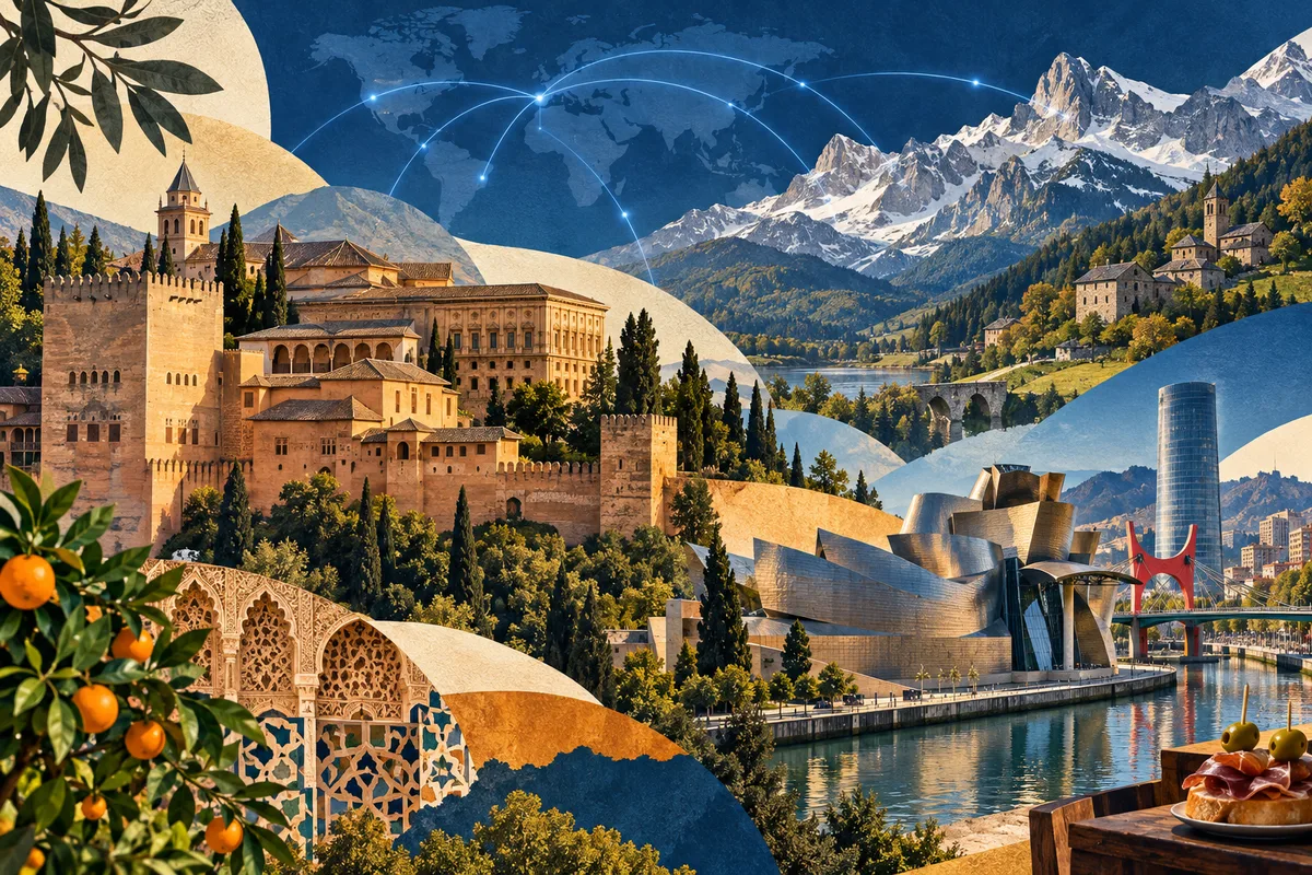 Collage ilustrado de España, inspirado en Alhambra, Bilbao, Pyrenees.
