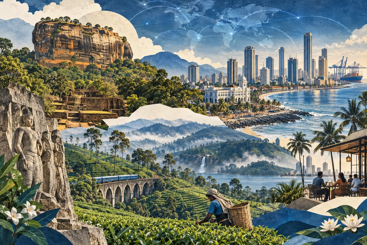 Collage ilustrado de Sri Lanka, inspirado en Sigiriya, Colombo, Central Highlands of Sri Lanka.