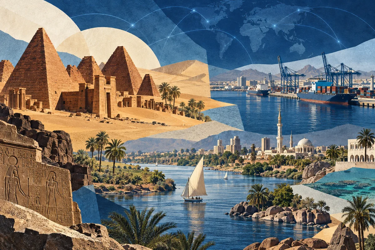 Collage ilustrado de Sudán, inspirado en Meroë, Port Sudan, Nile.