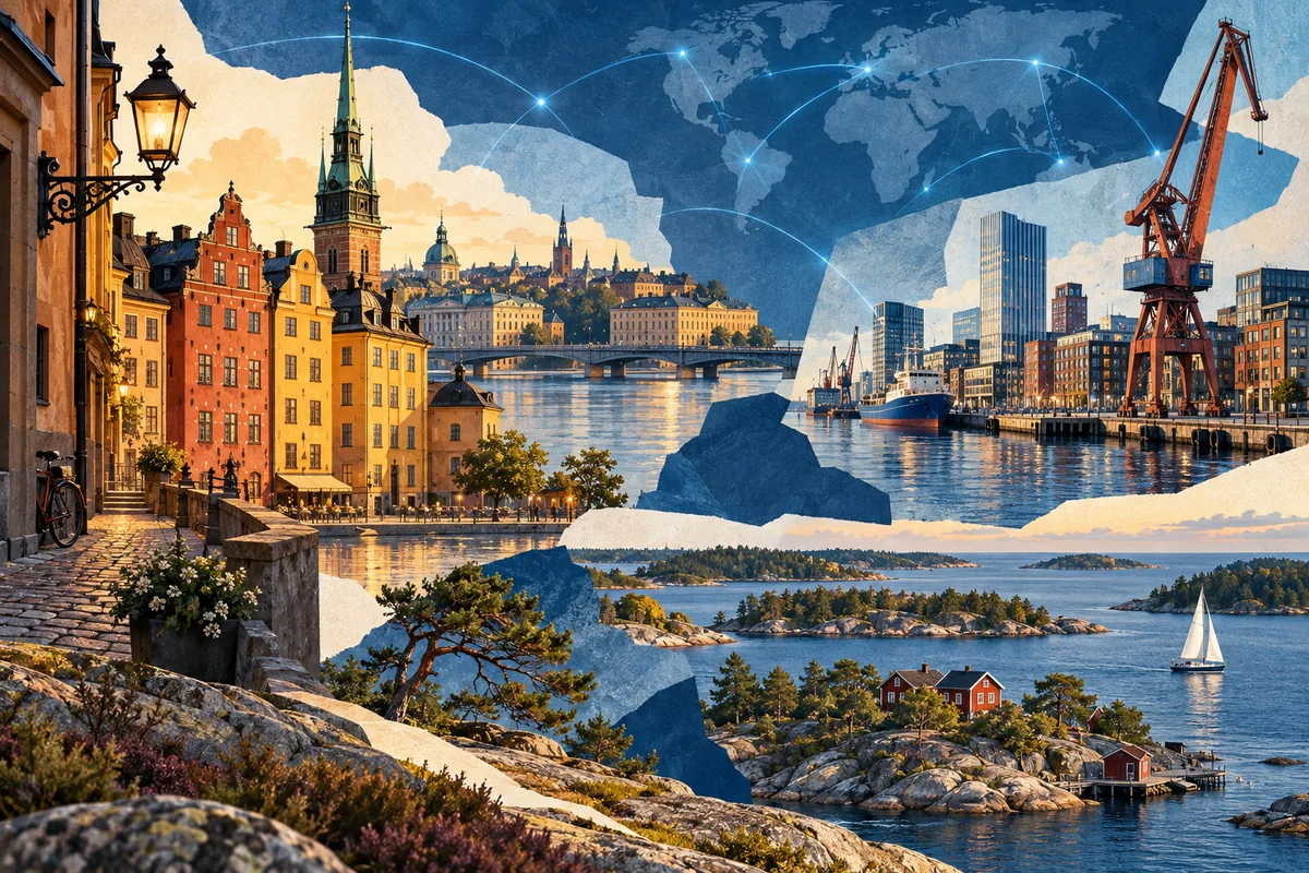 Collage ilustrado de Suecia, inspirado en Gamla stan, Gothenburg, Stockholm archipelago.