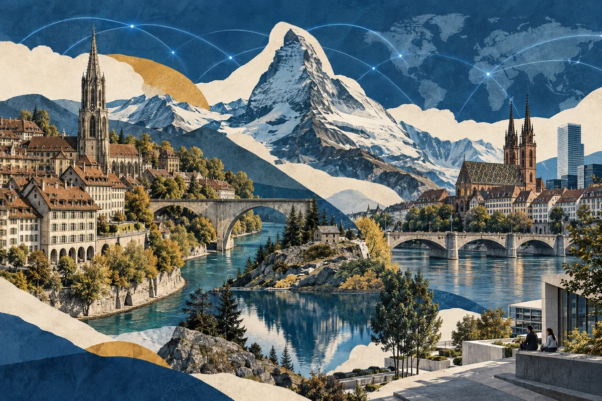 Collage ilustrado de Suiza, inspirado en Old City of Bern, Basel, Matterhorn.