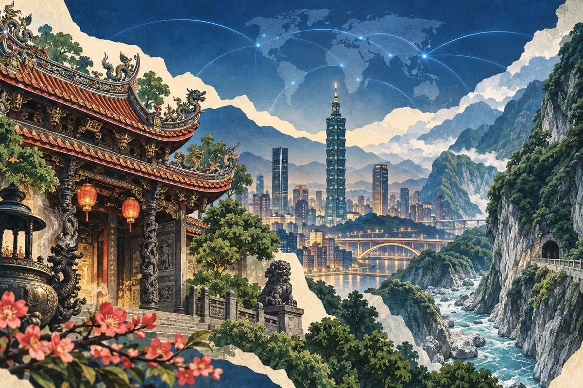 Collage ilustrado de Taiwán, inspirado en Longshan Temple (Taipei), Taipei, Taroko National Park.