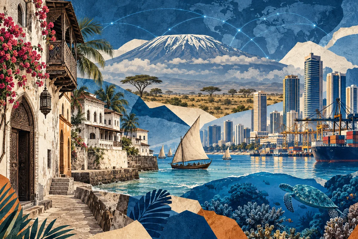 Collage ilustrado de Tanzania, inspirado en Stone Town, Dar es Salaam, Mount Kilimanjaro.