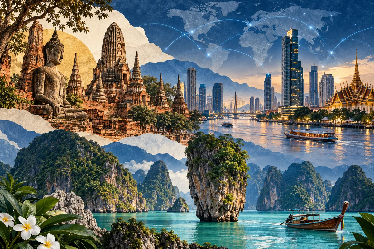 Collage ilustrado de Tailandia, inspirado en Ayutthaya Historical Park, Bangkok, Phang Nga Bay.