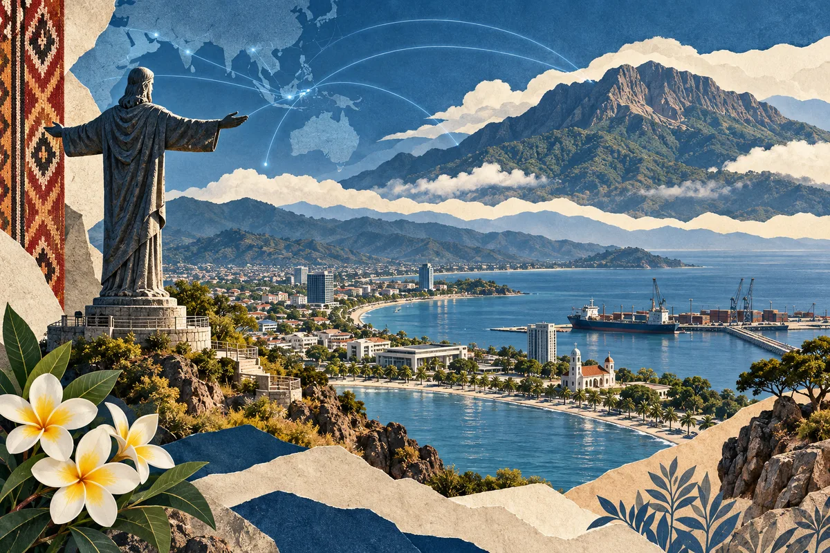 तिमोर-लेस्त का सचित्र कोलाज, Cristo Rei of Dili, Dili, Mount Ramelau से प्रेरित।