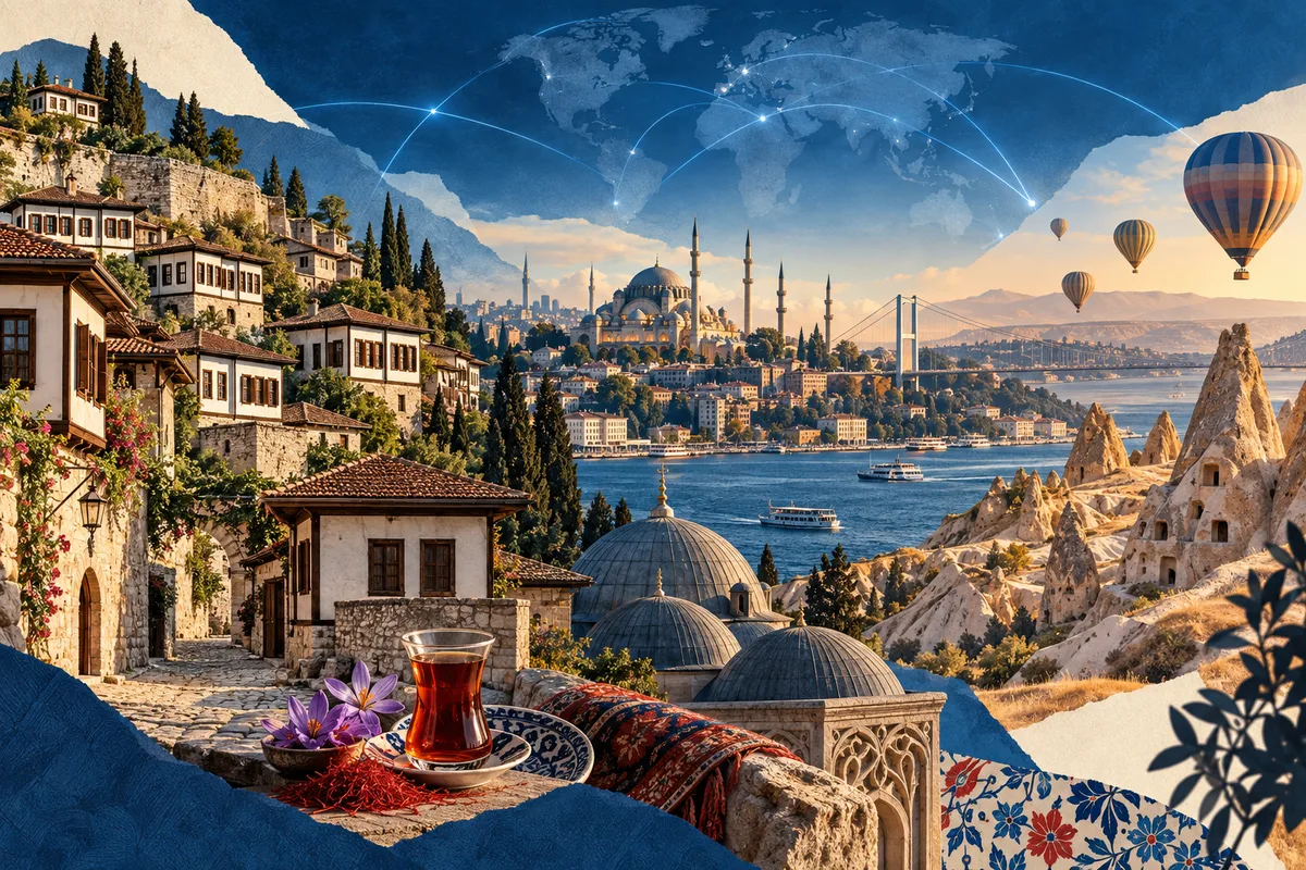 Collage ilustrado de Turquía, inspirado en Safranbolu, Istanbul, Cappadocia.