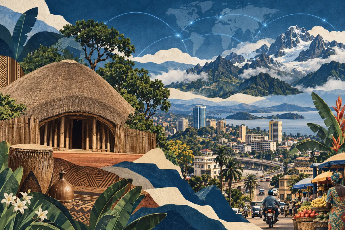 Collage ilustrado de Uganda, inspirado en Kasubi Tombs, Kampala, Rwenzori Mountains.