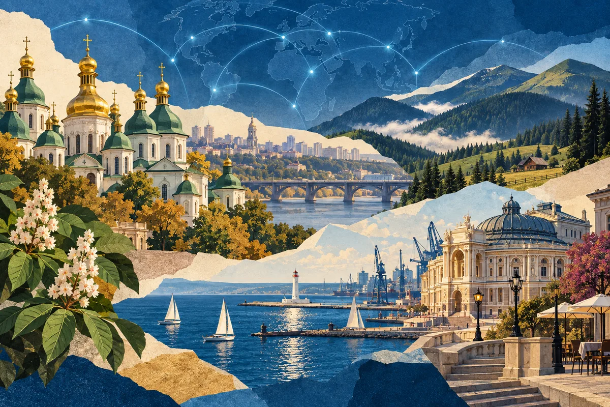 Collage ilustrado de Ucrania, inspirado en Saint Sophia Cathedral, Kyiv, Odesa, Carpathian Mountains.