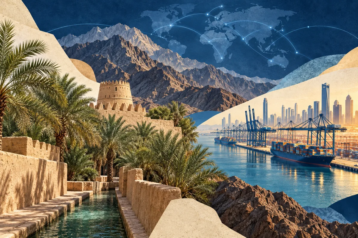Collage ilustrado de Emiratos Árabes Unidos, inspirado en Al Ain Oasis, Jebel Ali, Hajar Mountains.
