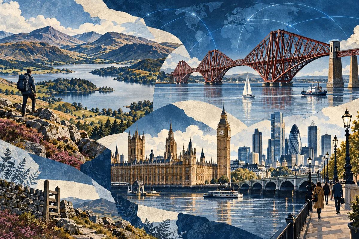 Collage ilustrado de Reino Unido, inspirado en Forth Bridge, London, Lake District.